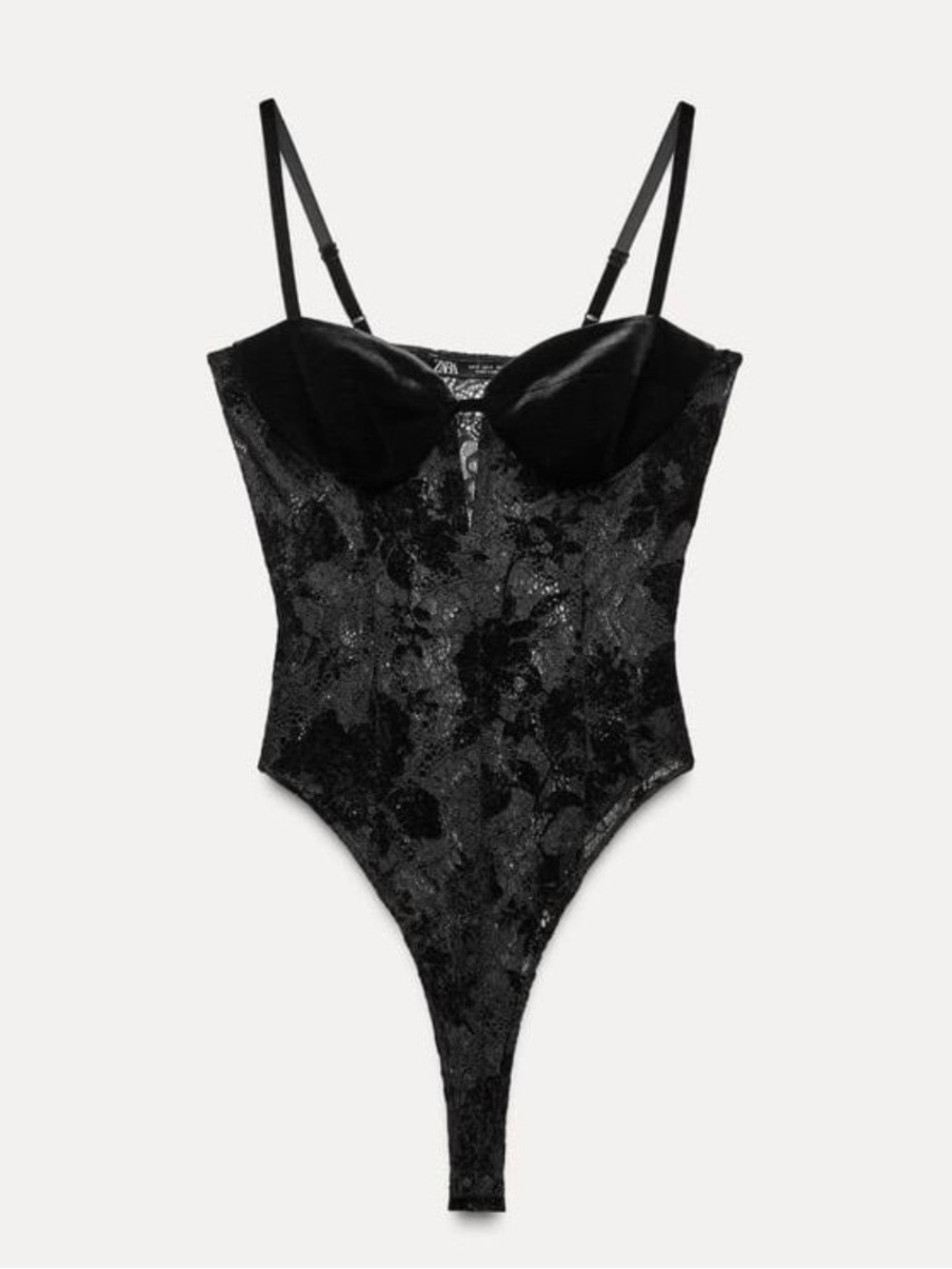 Zara Black Lace Velvet-Detail Bodysuit